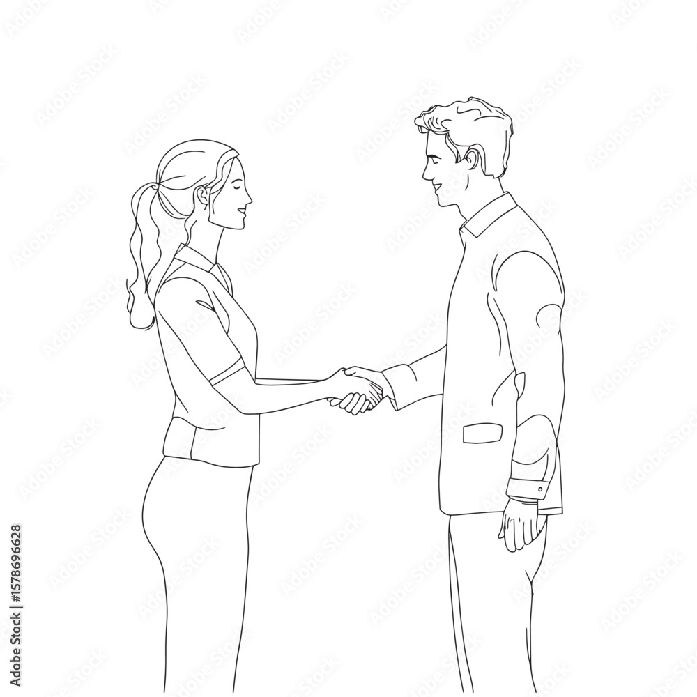 Fototapeta premium Continuous line drawing of young manager handshake his female worker to congratulate her dealing a project