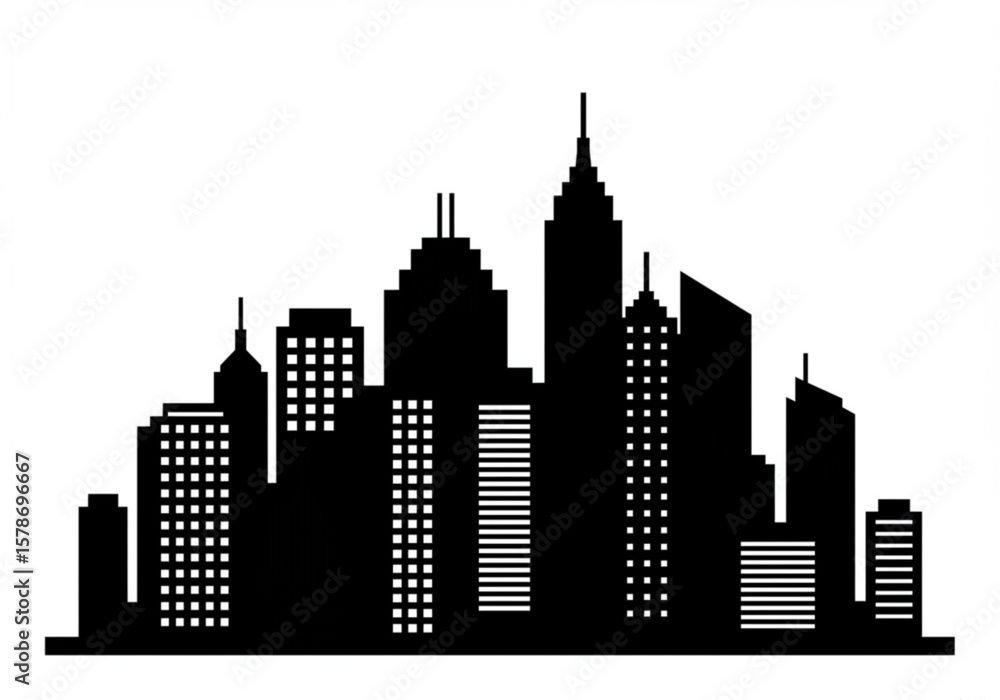 Naklejka premium Black silhouette of a modern city skyline with varied building heights and windows