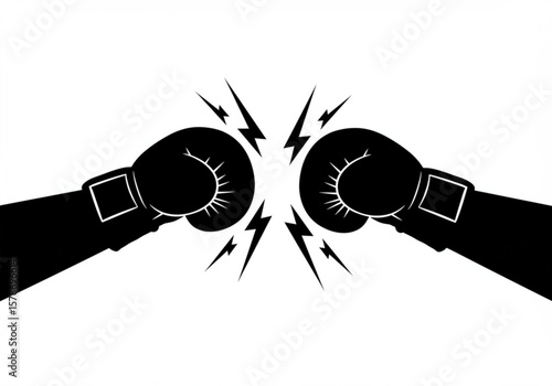 Two black boxing gloves colliding with lightning bolts in a graphic illustration