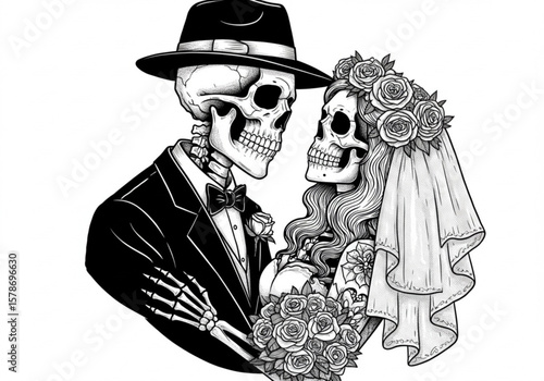 Gothic skeleton bride and groom embrace holding roses on wedding day