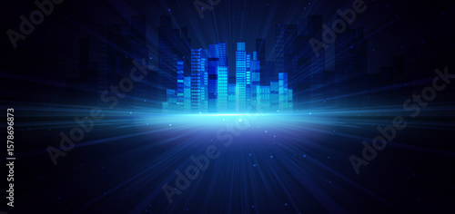 Futuristic smart city night skyscrapers on dark blue background. Technology data communication city concept.