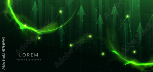 Arrow up finance chart stock market growth glowing light effect on dark green background.