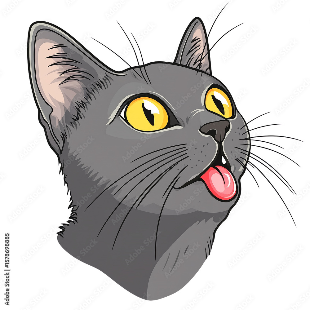 Obraz premium A black cat looking up with its tongue out isolated on transparent background