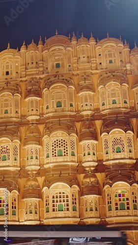 Hawa Mahal Palace In Night Illuminations. Palace Of Winds. Built From Red And Pink Sandstone, It Is On Edge Of City Palace, Jaipur. Maharaja Sawai Pratap Singh Built This Palace In 1799. Very Unique