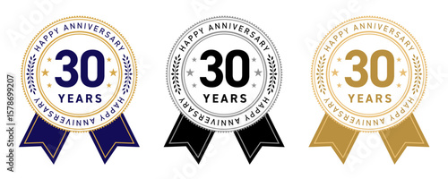 30周年のフラットなメダルロゴ色違いセット（記念 リボン付き アイコン ベクター）
