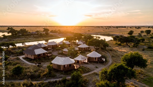 Luxury Safari Camp at Sunset in the Okavango Delta Botswana.