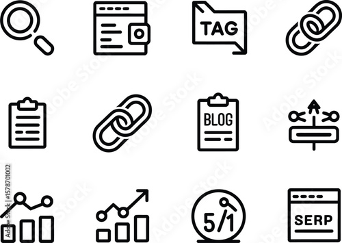 Collection of modern flat icons representing seo and digital marketing concepts