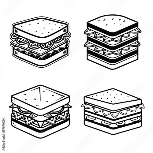 Hand-drawn vector illustration of deli sandwich icon set with pizza, cake, and sweet dessert icons
