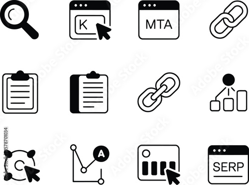 Collection of digital marketing and seo icons on white background