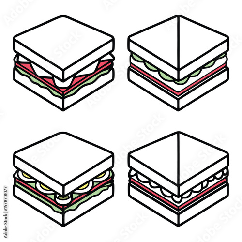 An isolated stack of deli sandwich icon set or bundle