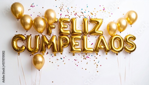 Feliz Cumpleaños text in golden foil balloon letters floating against a clean white backdrop with colorful confetti scattered around the base