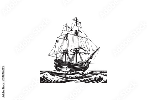 Black and white illustration of a tall ship sailing through rough seas
