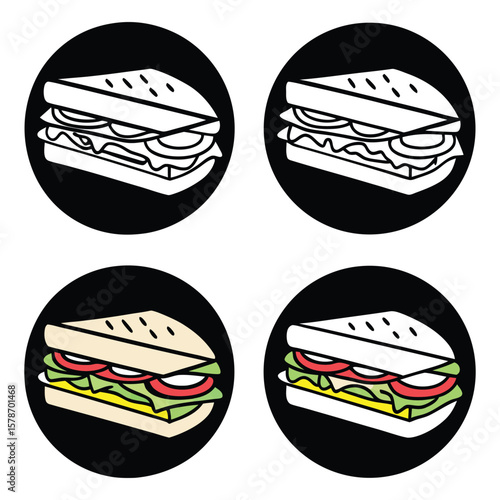 A vector illustration set of cartoon fast food icons, featuring hamburgers, cheeseburgers, pizza, and deli sandwiches icon for lunch and dinner menus