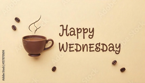 Brown coffee cup with beans spelling Happy Wednesday on a beige background, suitable for hump day social media posts.