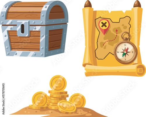 A treasure chest, ancient map, compass, and gold coins illustrate pirate adventure.