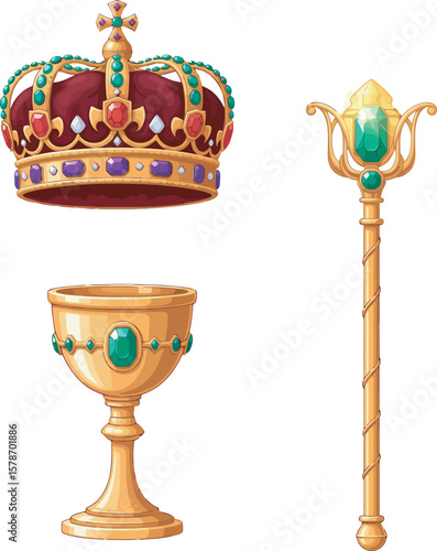 Ornate royal crown, scepter, and goblet; symbols of monarchy and power.