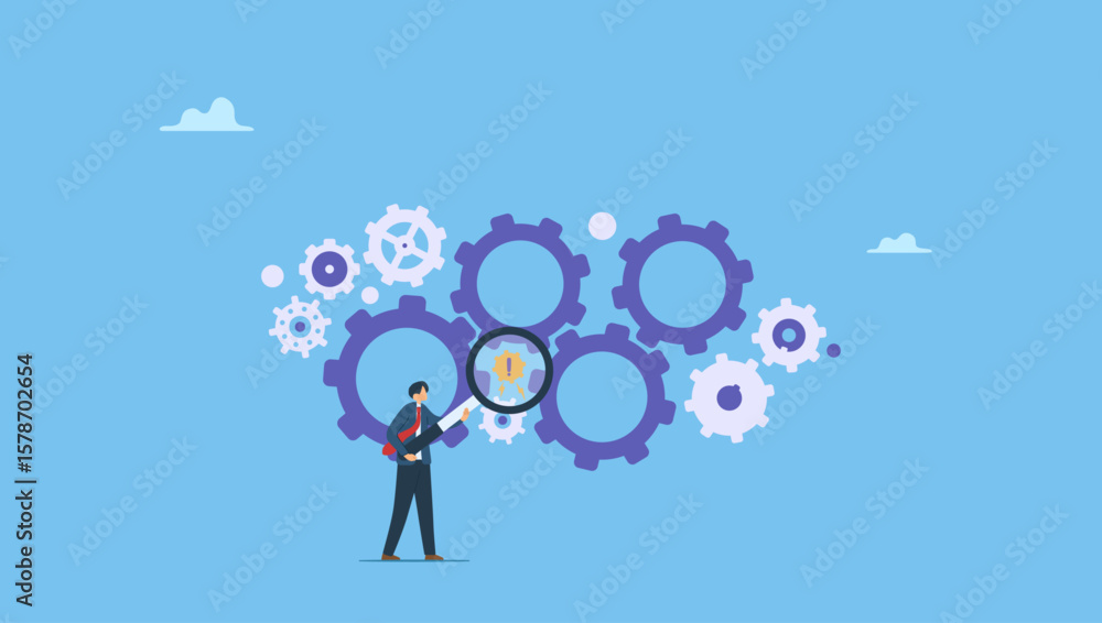 Businessman leader with magnifying glass to analyze cog wheels problem. Symbolizes analyze problem to fix the process, solving business issue for smooth workflow, project management or development. Businessman leader with magnifying glass to analyze cog wheels problem. Symbolizes analyze problem to fix the process, solving business issue for smooth workflow, project management or development.