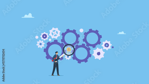 Businessman leader with magnifying glass to analyze cog wheels problem. Symbolizes analyze problem to fix the process, solving business issue for smooth workflow, project management or development.