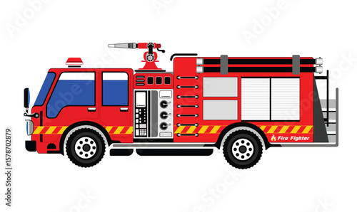 Flat Vector Fire Engine Illustration. Detailed flat vector illustration of a red fire truck, ready to respond to emergencies. Ideal for educational materials and children's designs