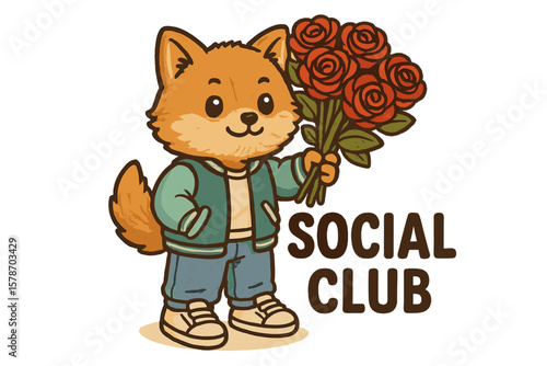 Cute cartoon fox character holds roses, promoting community connection in a charming social club design for all ages