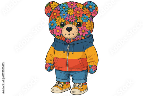 Colorful floral bear character wearing stylish outfit in a playful art style