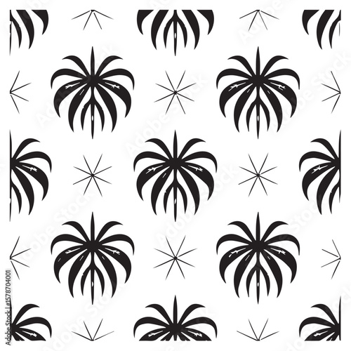 Stylized black palm leaves and starbursts on white seamless pattern