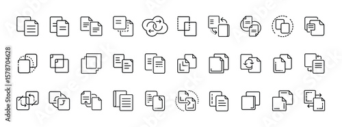 File copy line icon set. Vector pictograms of duplicate document, data transfer, shared file, overlapping pages, thin linear illustrations.
