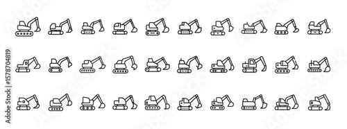 Excavator line icon set. Vector pictograms of digger, construction equipment, crawler, backhoe, industrial machinery, thin linear illustrations.