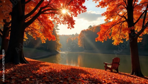 A peaceful autumn scene near a lake with golden leaves and a chair ideal for nature, relaxation, seasonal concepts.