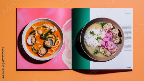 A spread of two magazine pages, one featuring an abstract and colorful background. The other page showcases images of delicious dishes like chicken b stain- blurred soup with clams and zucchini noodle