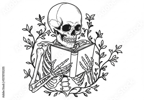 Skeleton reading a book surrounded by decorative floral branches in black and white