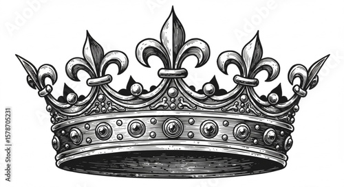 Intricate engraving style royal crown with fleur de lis and jewels