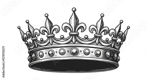 Ornate vintage royal crown with fleur de lis and jewels in black and white