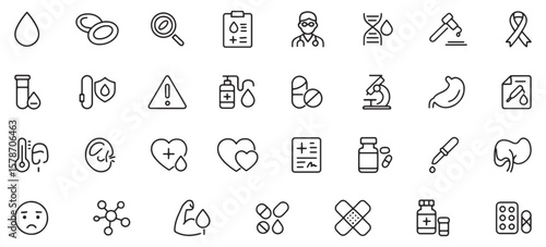 Anemia & Blood Disorder Line Icons – Unique Medical Symbols for Blood Cells, Symptoms, Diagnosis, and Treatment Used in Healthcare Apps, Infographics, and Educational Designs