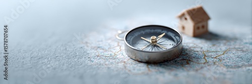 Compass rests on a map, guiding potential homebuyers through the complex real estate market, with a miniature house symbolizing the search for the perfect property