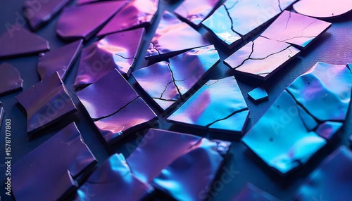 Iridescent cracked bismuth crystals on dark blue surface. Suitable for science or mineralogy concepts, backgrounds, jewelry design, or crystal healing.