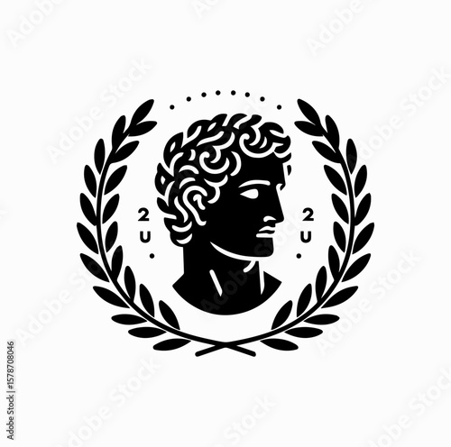 Minimalist Black Vector Logo of Roman Emperor Bust with Laurel Wreath Isolated on White Background