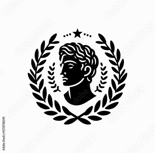 Minimalist Black Vector Logo of Roman Emperor Bust with Laurel Wreath Isolated on White Background