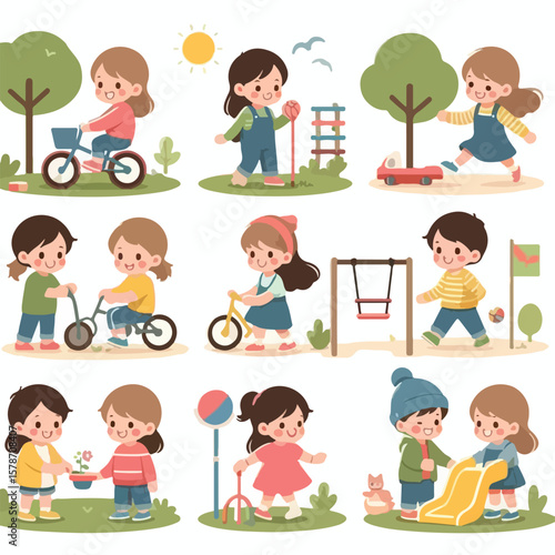 image of children playing in the yard with a simple and minimalist flat design using a white background