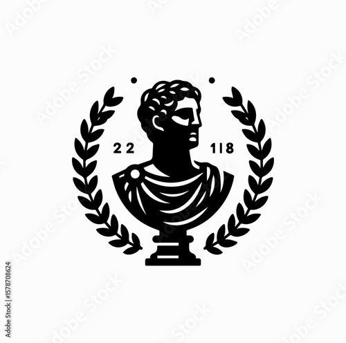 Minimalist Black Vector Logo of Roman Emperor Bust with Laurel Wreath Isolated on White Background