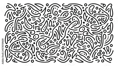 A black and white abstract doodle pattern with curved lines and dots creating a chaotic yet organized design