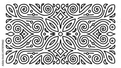 Ornate black and white symmetrical design with swirling lines leaves and diamond shapes in a rectangle frame
