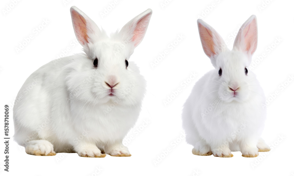 Obraz premium Two adorable white rabbits with fluffy fur and pink ears sitting side by side, isolated on transparency background, conveying sense of calm and innocence