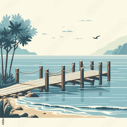 image of a wooden pier on the seashore with a simple and minimalist flat design using a white background