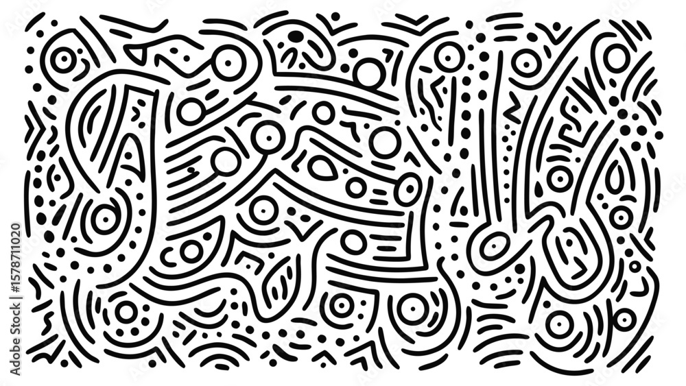 Abstract black and white doodle art featuring intricate line patterns and organic shapes throughout design Abstract black and white doodle art featuring intricate line patterns and organic shapes throughout design