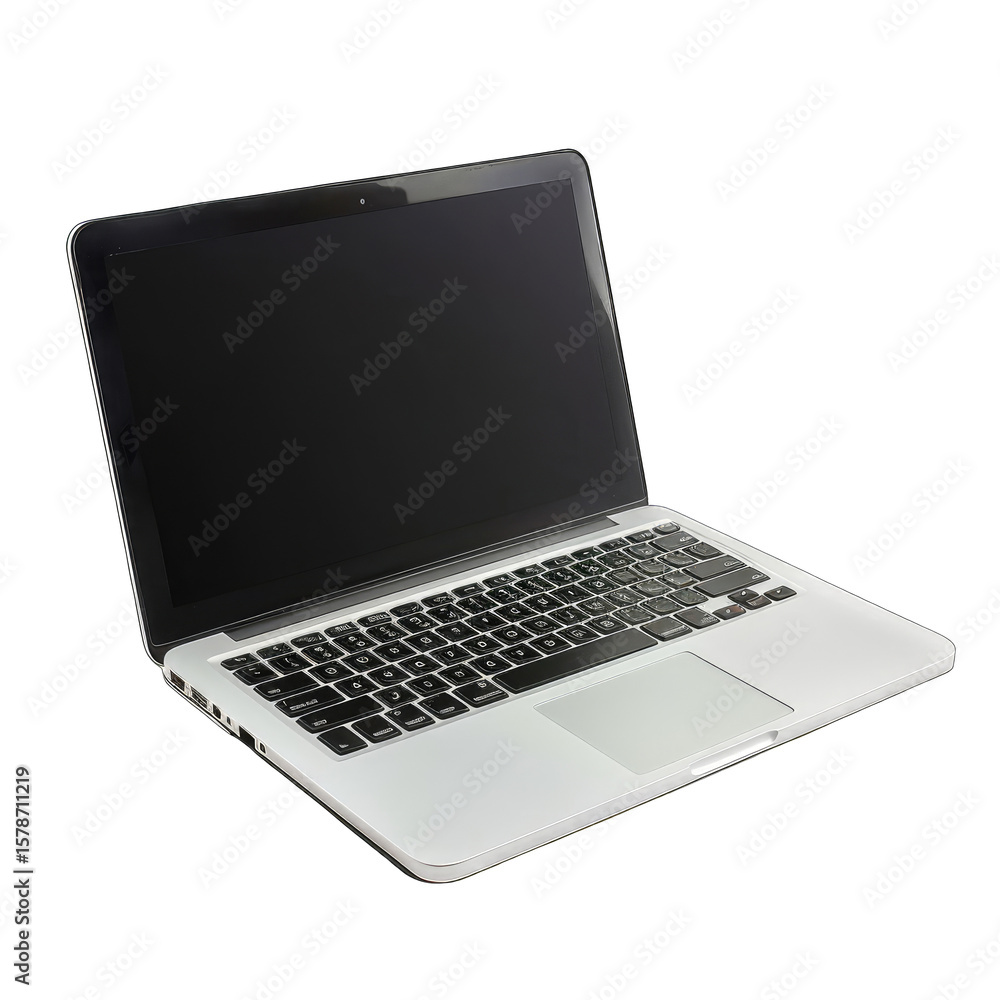 Laptop angled view. Black screen, silver colored metal body Laptop angled view. Black screen, silver colored metal body