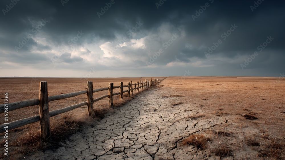 Isolated Wooden Fence Guarding a Cracked Expanse of Forgotten Arable Lands and Rural Echoes Isolated Wooden Fence Guarding a Cracked Expanse of Forgotten Arable Lands and Rural Echoes