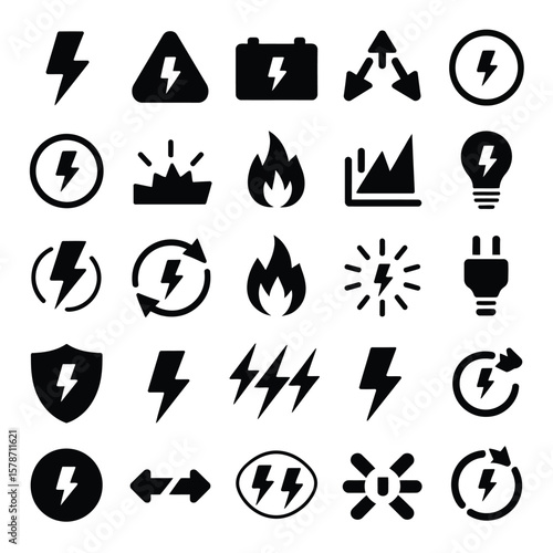 Collection of Thirty Black Electricity Power Energy Icons Symbols Set Flash Lightning Bolt Flame Fire Plug Warning Sign Battery Renewable Circular Arrows Graphic Design Elements