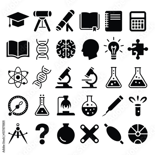 Collection of Thirty Black Glyph Icons Depicting Education Science and Research Symbols Including Graduation Cap Telescopes Books Notebooks Calculator Open Book D N A Brain
