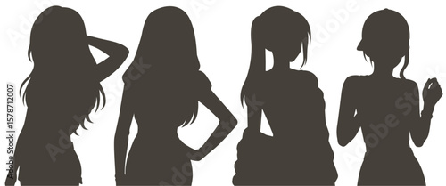 Set silhouette illustrations of kpop idols singing and dancing on stage. Flat vector kpop music star. Modern group dancers with various different styles, poses and choreography. Korean pop cultures.